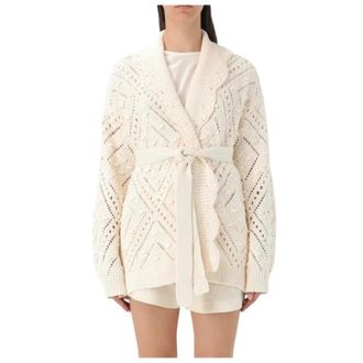 Twinset Gebreid vest met ceintuur en ajourpatroon - Dames - Vesten - Wit - M - Katoen - Truien & Vesten