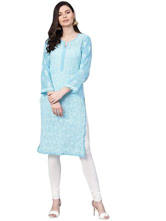 ADA Womens Georgette Kurta Kurti Hand Embroidered Indian Chikankari Ladies Tunic Dress A100373, 3XL, Blue