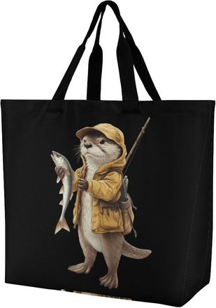Generic Otter Fishing Reusable Shopping Bags One Shoulder Grocery Tote Bag Waterproof Big Purse for Work Travel