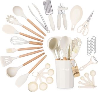 OEM Juego De 35 Piezas De Utensilios De Cocina De Silicona Con Mango De Madera, Esp&aacute;tula Resistente Al Calor, Cuchar&oacute;n, Volteador, Soporte Para Utensilios