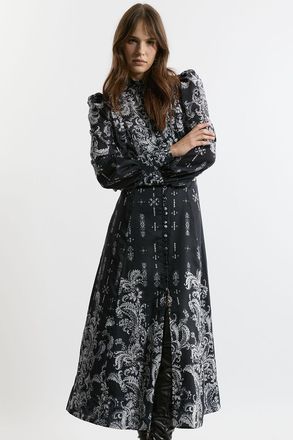 Karen Millen Petite Mono Floral Woven Button Up Maxi Dress