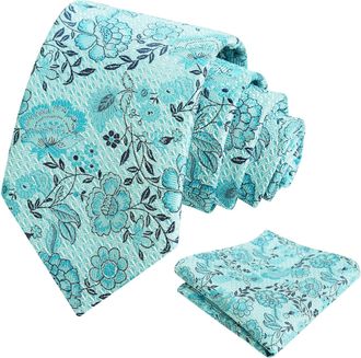Alizeal Mens Floral Pattern Tie with Pocket Square Classic Formal Fashion for Business Wedding Necktie and Hanky Set, Turquoise