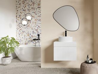 Vente-Unique Mobile sotto lavabo sospeso scanalato 60 cm Bianco con piano di appoggio - SATARA