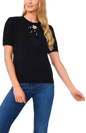 CeCe by Cynthia Steffe Embellished Velvet Bow Short Sleeve Sweater in Rich Black at Nordstrom, Size X-Small