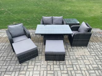 Fimous Rattan Outdoor Furniture Garden Dining Sets Patio Height Adjustable Rising lifting Table Love Sofa Chair Set in Dark Grey
