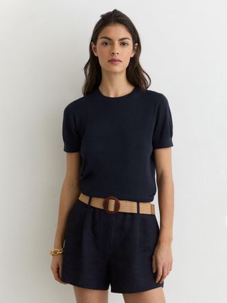 Reiss Navy Short-sleeve Knitted Top With Linen, XL