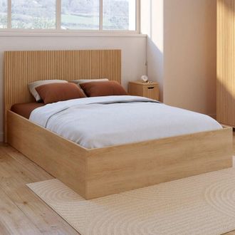 IDMarket Cama de matrimonio JULIETTE con cabecero y somier de láminas efecto madera de 140 x 190 cm