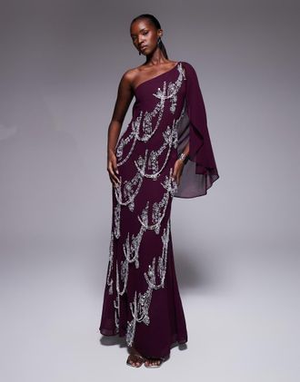 Asos Vestito lungo taglio sbieco color prugna con manica ad aletta e frange decorate-Viola