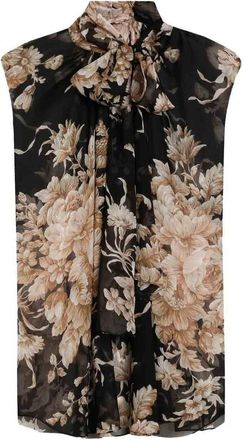 Dolce & Gabbana Sleeveless Rose-Print Bow Blouse