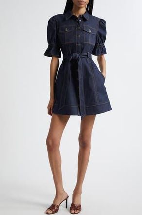 Cinq &agrave; Sept Holly Puff Sleeve Belted Denim Shirtdress in Indigo at Nordstrom Rack, Size 12