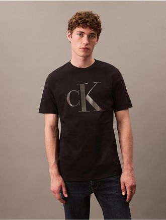 Calvin Klein Mens Metallic Monogram Logo Classic Crewneck T-Shirt - Black - XL