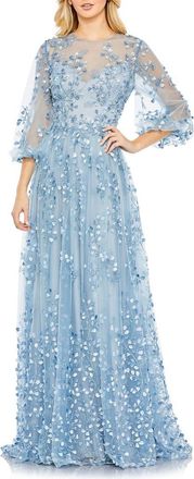 Mac Duggal Embroidered Mesh High-Neck Dress with Puff Sleeves in Blue at Nordstrom, Size 16