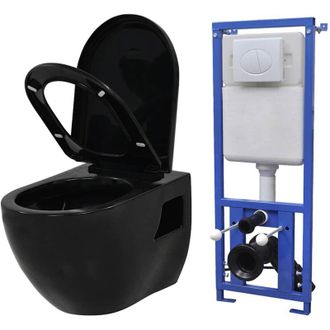 vidaXL Vidaxl - Inodoro Suspendido De Pared Con Cisterna Oculta Cer&aacute;mica Negro