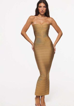 House of CB vestito lungo bandage senza spalline con scollo a cuore, fascia in vita e finitura dorata scintillante-Oro