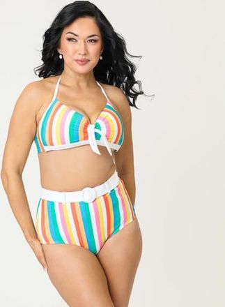 Unique Vintage Bow Halter Swim Top in Blue Rainbow Stripe at Nordstrom, Size X-Large
