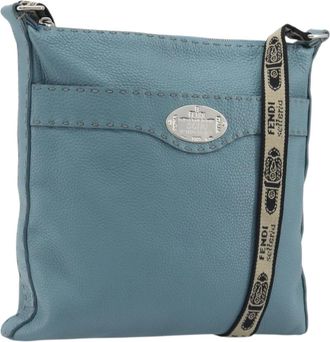 Fendi Vintage Selleria Zip Messenger Leather Blue Leather Handbag (Pre-Owned)