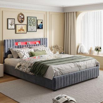 OEM Cama Lit 140x200 Cm De Terciopelo Gris Con Led Integrada Y Almacenamiento Hidr&aacute;ulico - Marco Doble + Somier