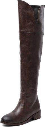 Generic Womens Round Toe Western Cowboy Boots PU Leather Thigh High Boots with Side Zipper Flat Heel Over The Knee Boot,Brown,8.5 UK