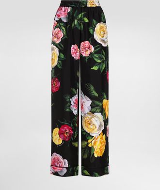 Dolce & Gabbana Silk Habotai Pajama Pants With Peony And Rose Print - Woman Pants And Shorts Print 42