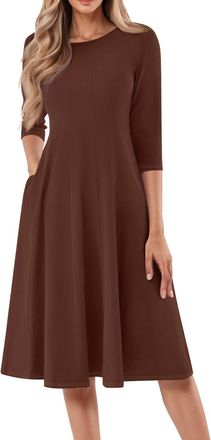 Generic Womens A-Line 3/4 Sleeve Midi Casual Dresses Solid Color Crew Neck Work Dress for Women with Pockets UK,Plus Size Boho Dresses Maxi Dress with Short S