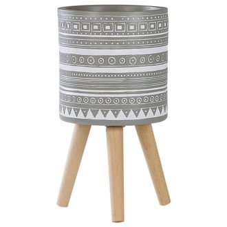 Beliani Soporte Para Maceta Gris Claro 30 X 30 X 31 Cm Blanco Pintado A Mano Patr&oacute;n 3 Patas Haya Redonda Boho Interior Exterior Nausa