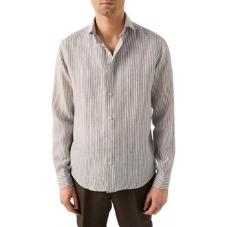 Eton Regular Fit Bengal Stripe Linen Dress Shirt in Light Beige at Nordstrom, Size Xx-Large