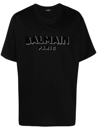 Balmain flocked-logo cotton T-shirt - Black