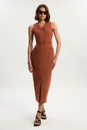 Karen Millen Womens Tailored Twill Essential Sleeveless Belted Pencil Maxi Dress - Rust - Size 10 UK