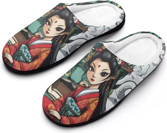 Generic Japanese Geisha Ghost Mask Printed Womens Slippers Warm House Slippers Indoor House Shoes with Anti-Skid Rubber Sole