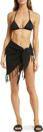 Vitamin A Sirena Tassel Linen Blend Sarong in Black Crinkle Linen at Nordstrom