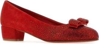 Ferragamo Womens Red Suede Vara Pumps Flamered Scarpe Con Tacco High Heel Shoes