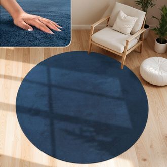 Paco Home Paco Home - Alfombra Moderna Para Sal&oacute;n A Pelo Corto Lavable Suave Uni Efecto Piel Antideslizante Azul-marino, &Oslash; 200 Cm Redon