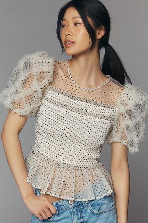 English Factory Sheer Puff-Sleeve Top