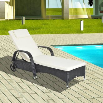 OUTSUNNY Adjustable Wicker Rattan Sun Lounger Recliner Chair w/ Cushion in Black