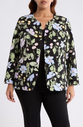 Kasper Floral Print One-Button Jacket in Black Multi at Nordstrom, Size 24W