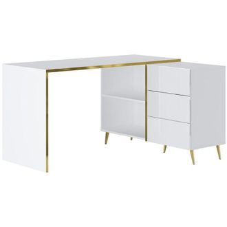 Vente-Unique Vente-unique - Scrivania angolare con cassetti e nicchie Bianco brillante e Dorato marzialo