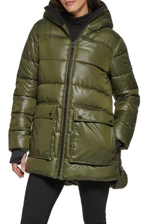 Kenneth Cole Faux Shearling Lined Hood Channel Quilted Puffer Parka Jacket in Loden at Nordstrom, Size Medium