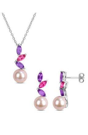 Delmar 8-8.5mm Pink Cultured Freshwater Pearl Pendant Necklace & Drop Earrings Set in Purple Multi at Nordstrom Rack