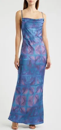 Lulus Bronte Cowl Neck Maxi Dress in Blue Multi at Nordstrom, Size X-Small