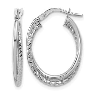 Diamond2Deal 14K White Gold Polished Textured Oval Shape Hoop Earrings