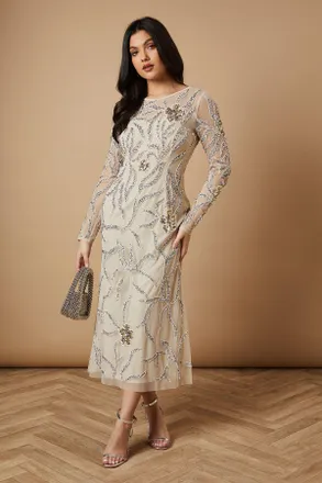 Oasis Womens Hand Embellished Long Sleeve Midi Dress - Natural - Size 12 UK