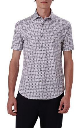 Bugatchi Miles OoohCotton Geo Print Short Sleeve Button-Up Shirt in Cement at Nordstrom, Size Xxx-Large