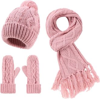 Generic Scarf Gloves Hat for Men Winter Womens Knitted Hat Scarf Gloves Solid Color Plus Velvet Wool Hat Warm Three Set Scarf Gloves Hat Set for Men (Pink, On