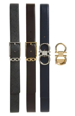 Ferragamo Set of 3 Reversible Leather Belts with Interchangeable Buckles in Black/brown/blue Multi at Nordstrom, Size 115