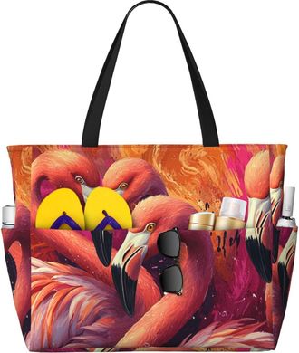 Generic Pink Flamingo Print Large Beach Bag Foldable Travel Shoulder Tote Bag With Pocket For Weekender Pool Vacation