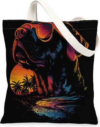 Generic Summer Rottweilers Dog Canvas Tote Bag for Shopping 13x15, Cool Beach Coastal Puppy Reusable Grocery Print Pattern Bag for Women, Retro Pet Beach Aest