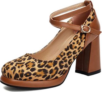 Generic Womens Cross Ankle Strap Retro Dress Shoes with Buckle Block High Heel Platform Shoes Round Toe Party Prom Shoe,Brown,4.5 UK