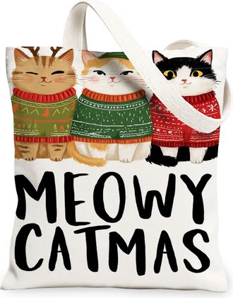 Generic Winter Cat Canvas Tote Bags, Cute Feline Holiday Pattern Reusable Grocery Bags, Vintage Lightweight Washable Canvas for Tra, White, 13x15 Inch