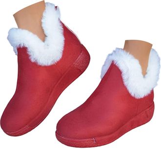 Generic Fleece Lined Ankle Boots Womens Woolen Shoes With Plain Color Flat Bottom Boots Ladies Lace Up Ankle Boots (Red, 5.5)