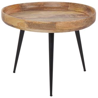 Beliani Mesa De Centro De Madera De Mango Clara Metal Negro Base Tr&iacute;pode Bordes Elevados Edna